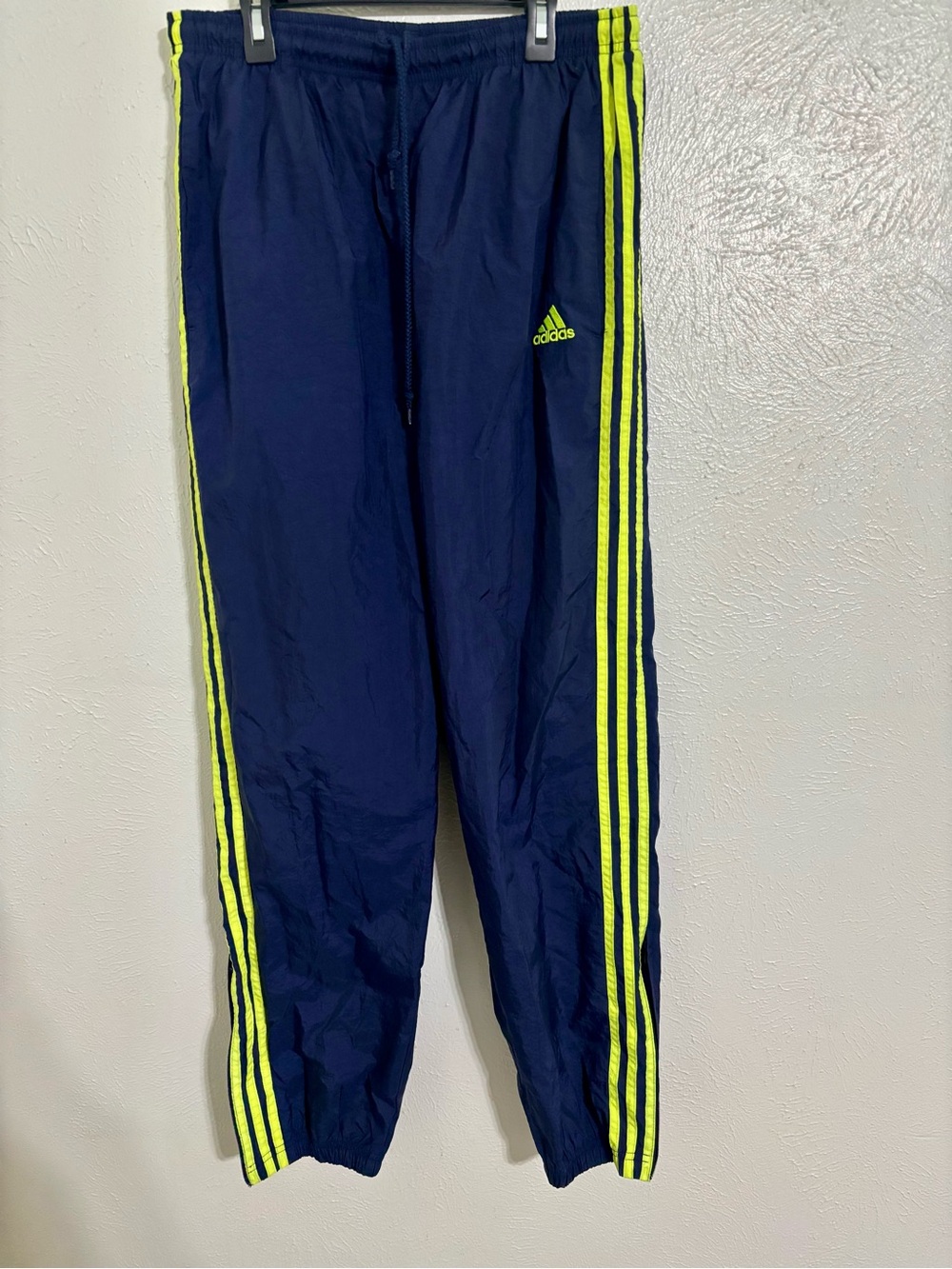 Vintage Adidas Navy Blue and Neon Green Stripes Track Pants Large